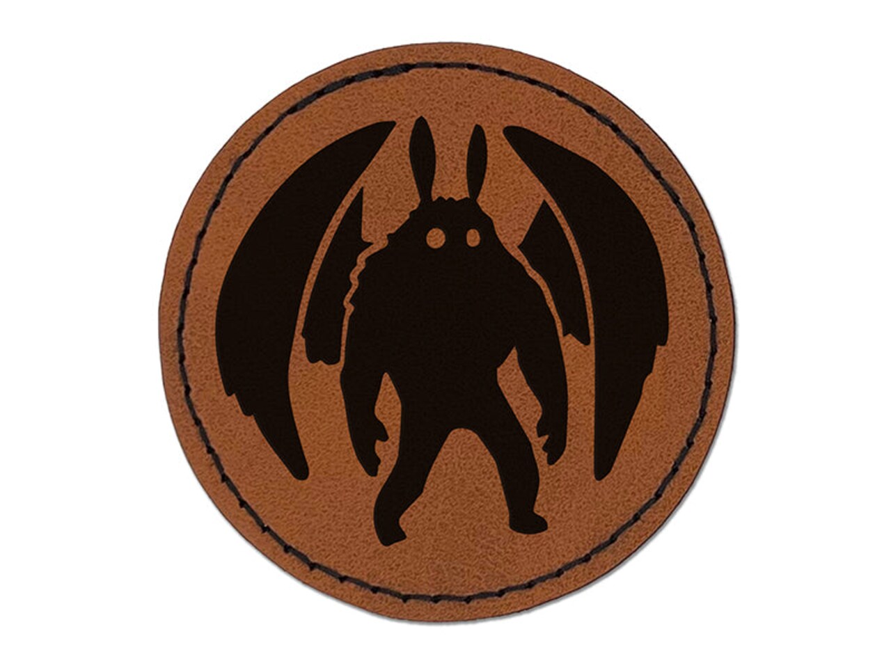 Mothman Cryptozoology Monster Round Iron-On Engraved Faux Leather Patch Applique - 2.5"